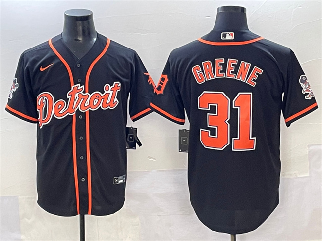 Men's Detroit Tigers #31 Riley Greene Black With Patch Cool Base Stitched Baseball Jersey Men's Detroit Tigers #31 Riley Greene Black With Patch Cool Base Stitched Baseball Jersey